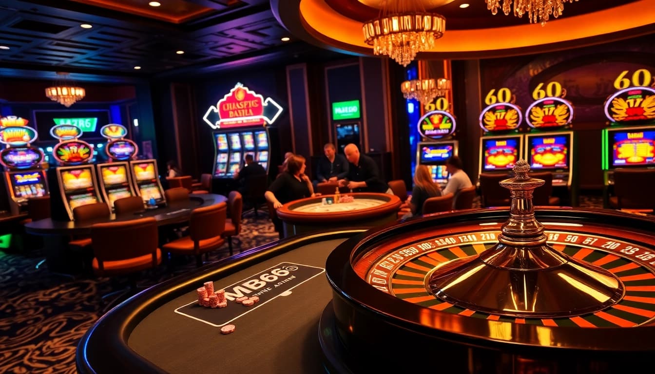 Excited players at MB66 casino table engaging in poker and roulette games.
