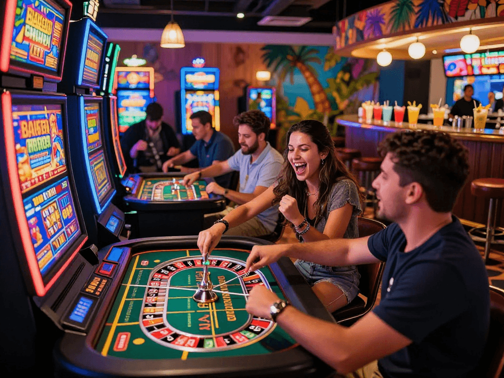 Jogadores se divertindo em cassino da SPBET com destaque para jogos vibrantes
