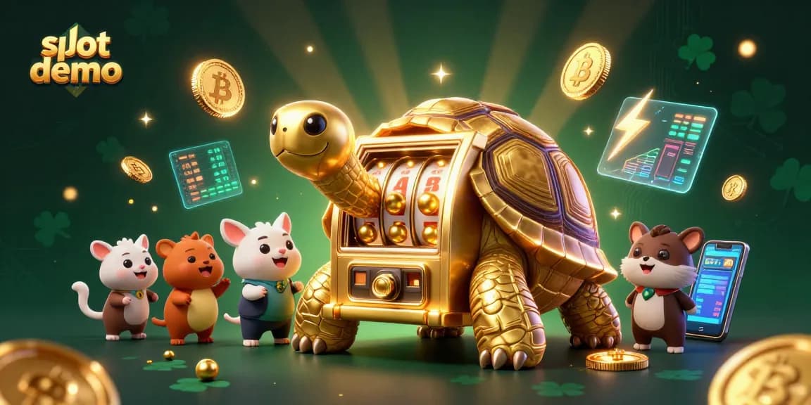 Slot demo dengan mesin slot berfungsi, hewan antri main, dan koin cryptocurrency gemerlap.