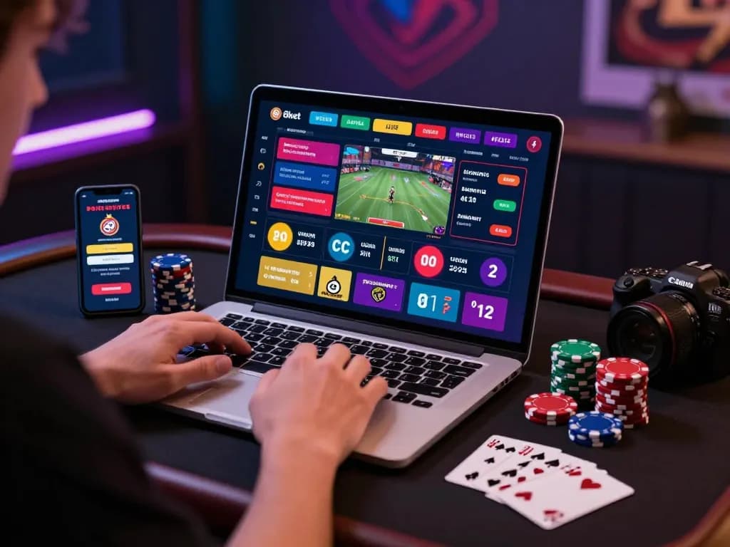 Engaging online gambling scene highlighting 8kbet interface, poker chips, and user interaction.
