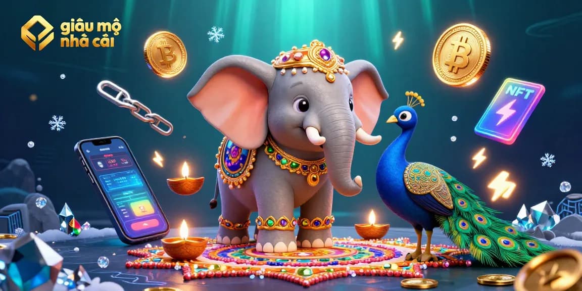 Experience thrilling gameplay with "giải mã nhà cái" visuals featuring vivid 3D elements, crypto coins, and colorful characters.