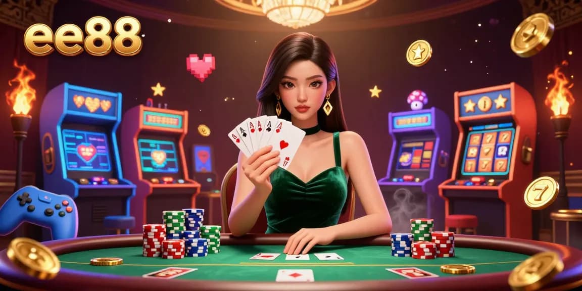 The EE88 online casino features a focused woman at a poker table amidst vibrant gaming elements.