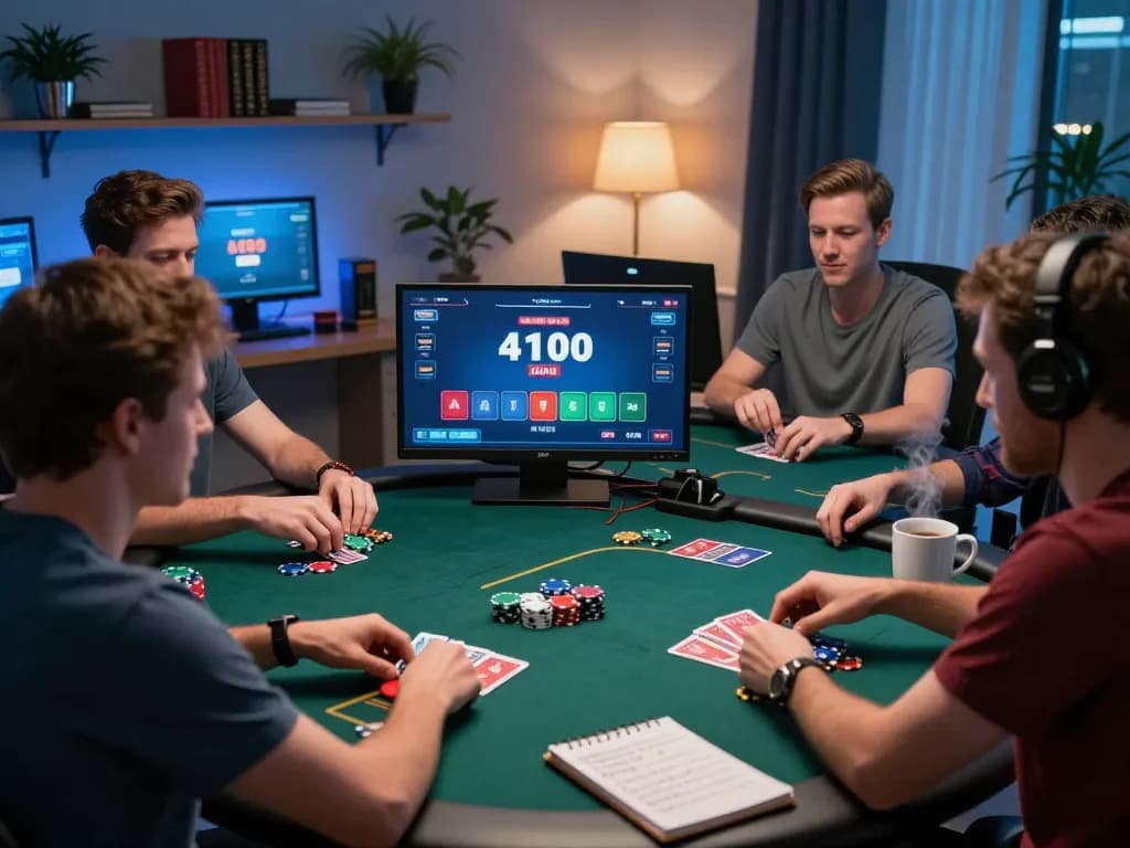 Engaged players competing in an online poker game on ta88ai.com, showcasing strategic gameplay, colorful chips, and home office ambiance.