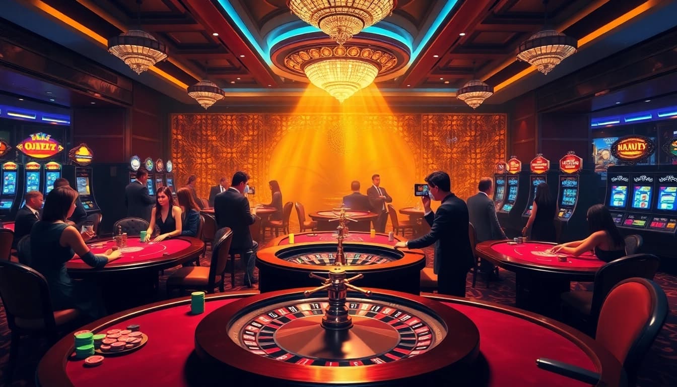 Experience luxury gambling at da88 vip with vibrant casino tables and excited players.