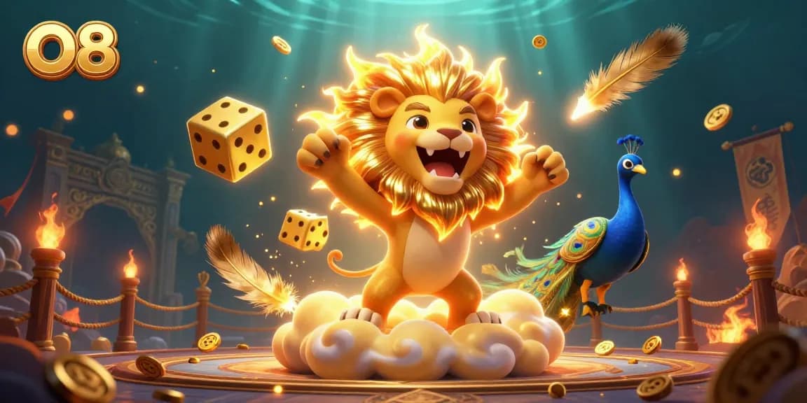 Join the thrilling action at O8 with golden dice and a roaring sun lion in this vibrant casino illustration.