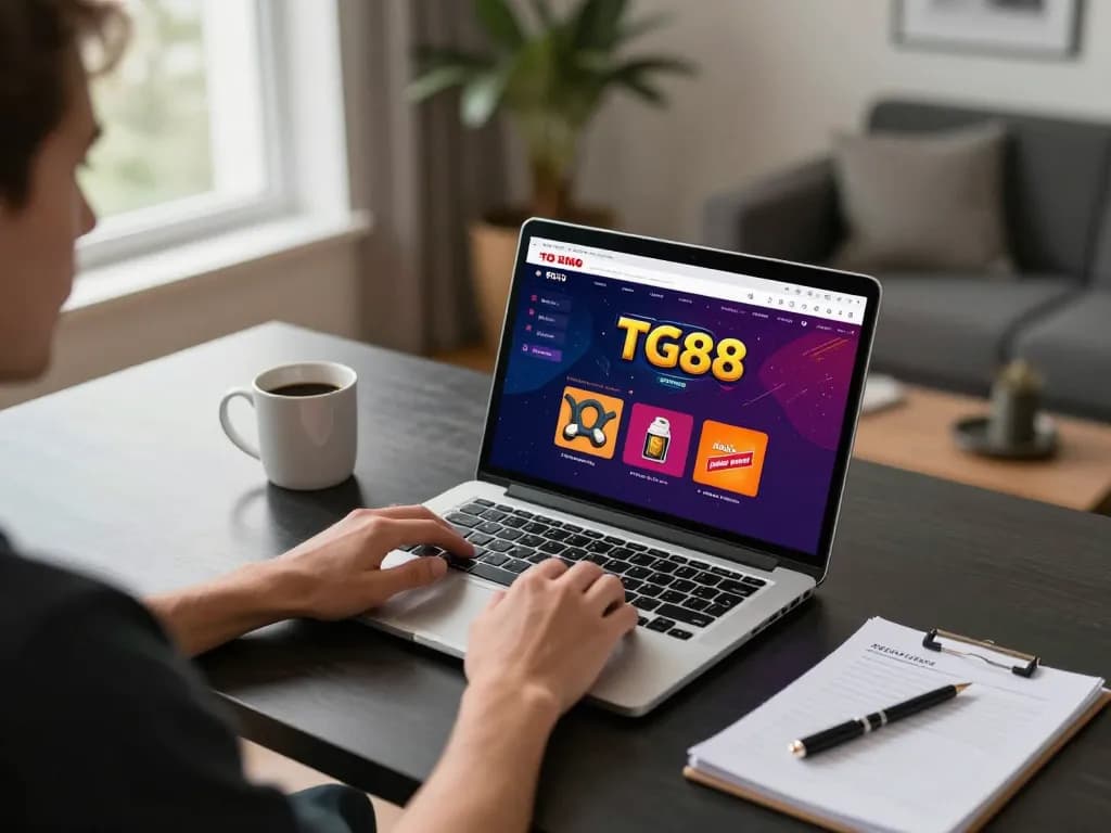 TG88 player enjoying an online casino game with vibrant interface displayed on laptop
