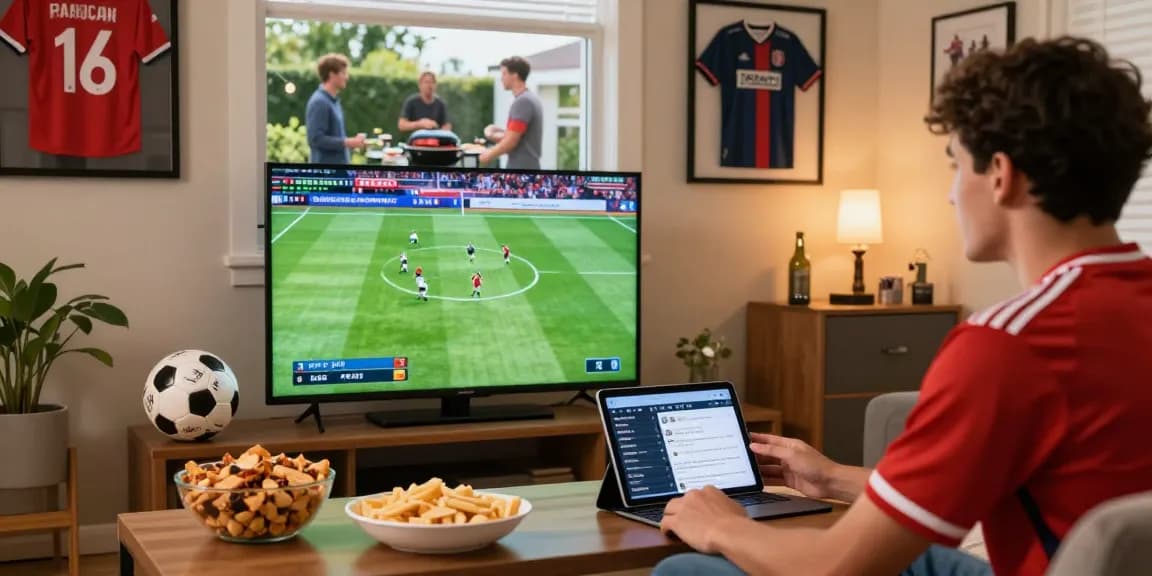 Excited fan enjoying multicanais streaming football match in cozy living room with snacks and team memorabilia