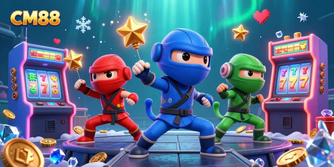 CM88 showcases a ninja chameleon team in a vibrant casino-themed digital illustration, emphasizing gambling excitement.