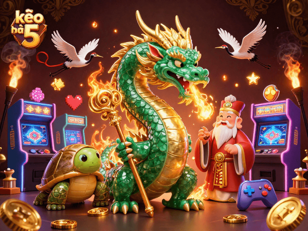 Engage with kèo nhà cái 5 through this vibrant digital illustration showcasing a jade dragon and gaming elements.
