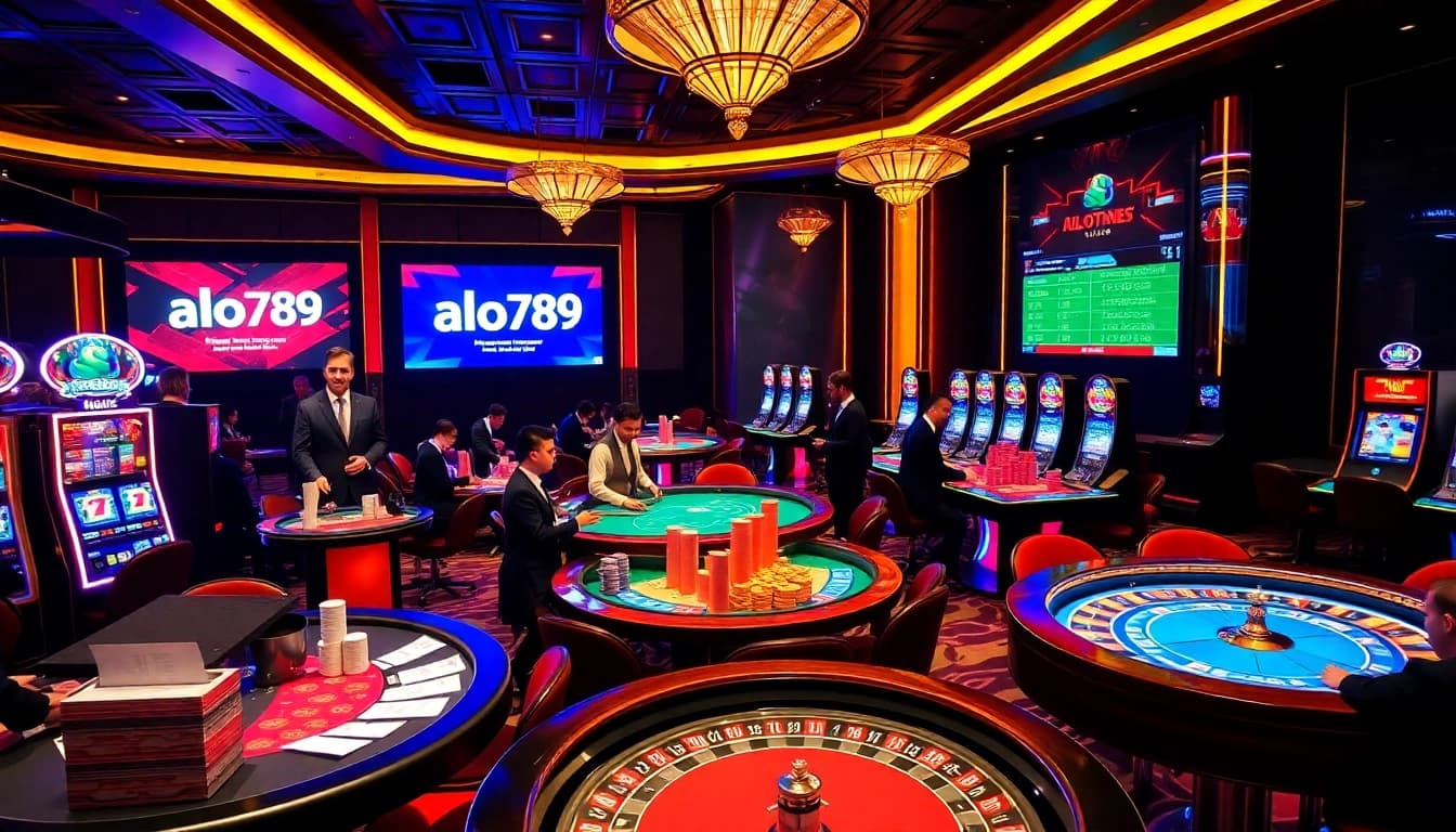 A captivating online gambling scene at alo789 featuring engaging dealers and vibrant gaming tables.