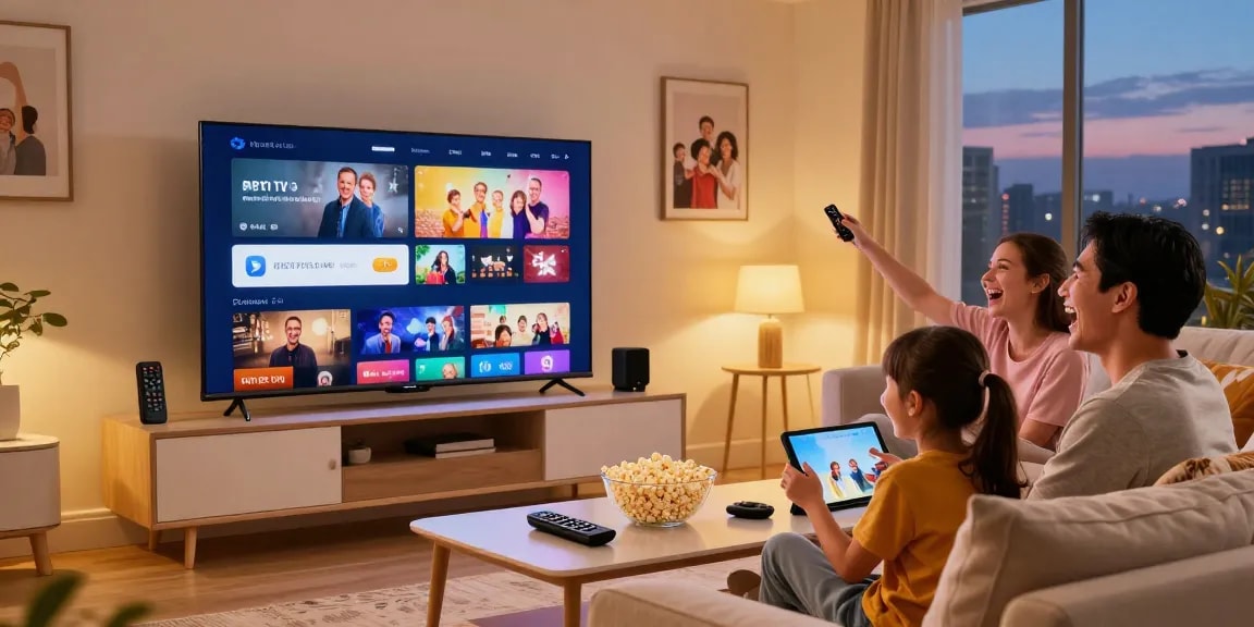 Experiência em IPTV com família assistindo filmes na sala de estar.