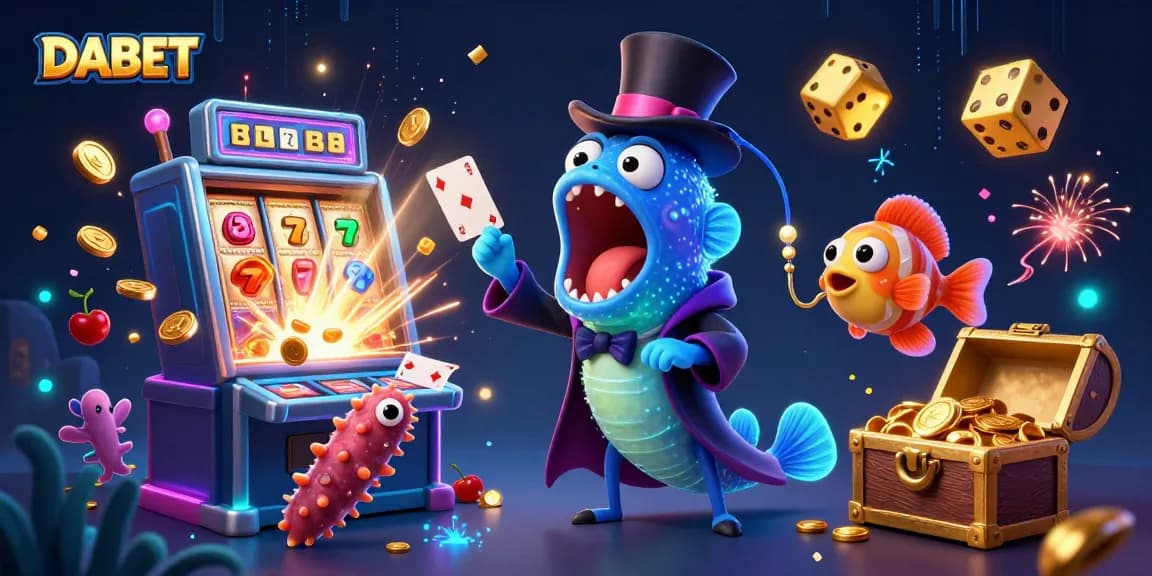 DABET's captivating gambling scene with a deep-sea gulper eel magician, showcasing thrilling casino elements.