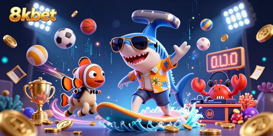 Experience exciting wins with 8kbet, as a hammer-head shark surfs on gold coins amidst vibrant casino elements.