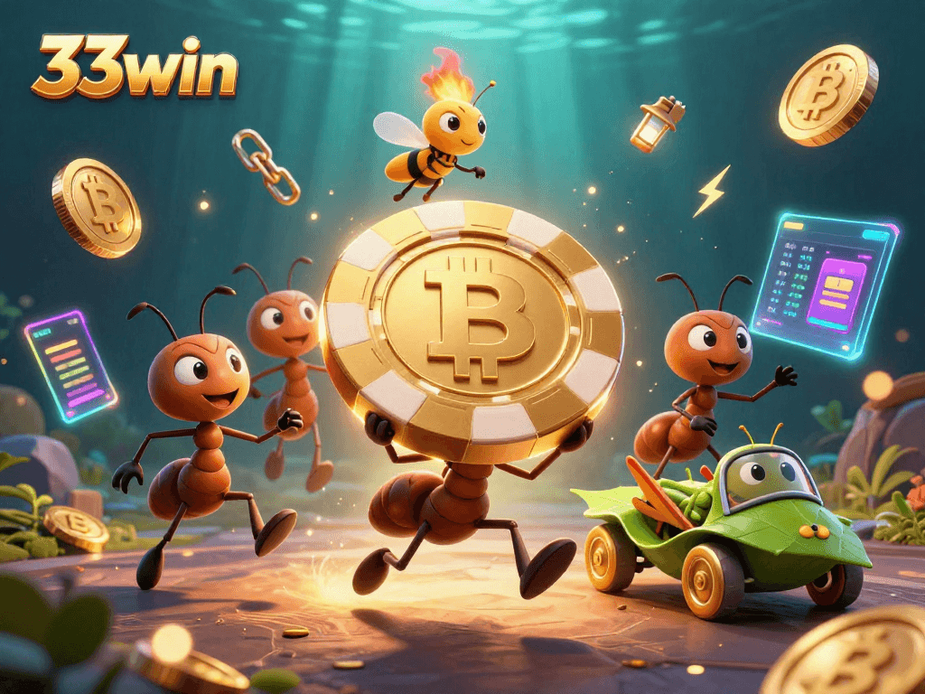 Join the thrill at 33win with ants heisting a massive poker chip in a vibrant casino scene.