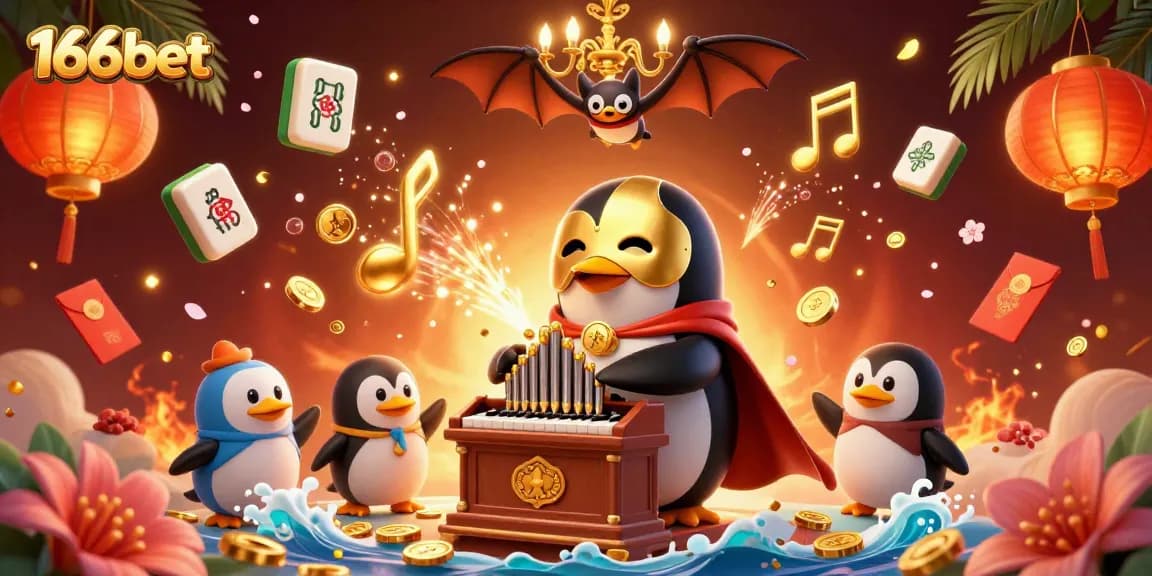 Engage with 166bet, featuring a whimsical scene of a penguin and acrobat with casino elements.