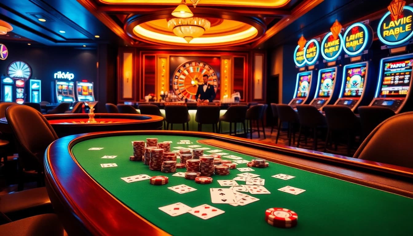 Visual representation of rikvip with a luxurious casino atmosphere highlighting poker, roulette, and engaging slot machines.