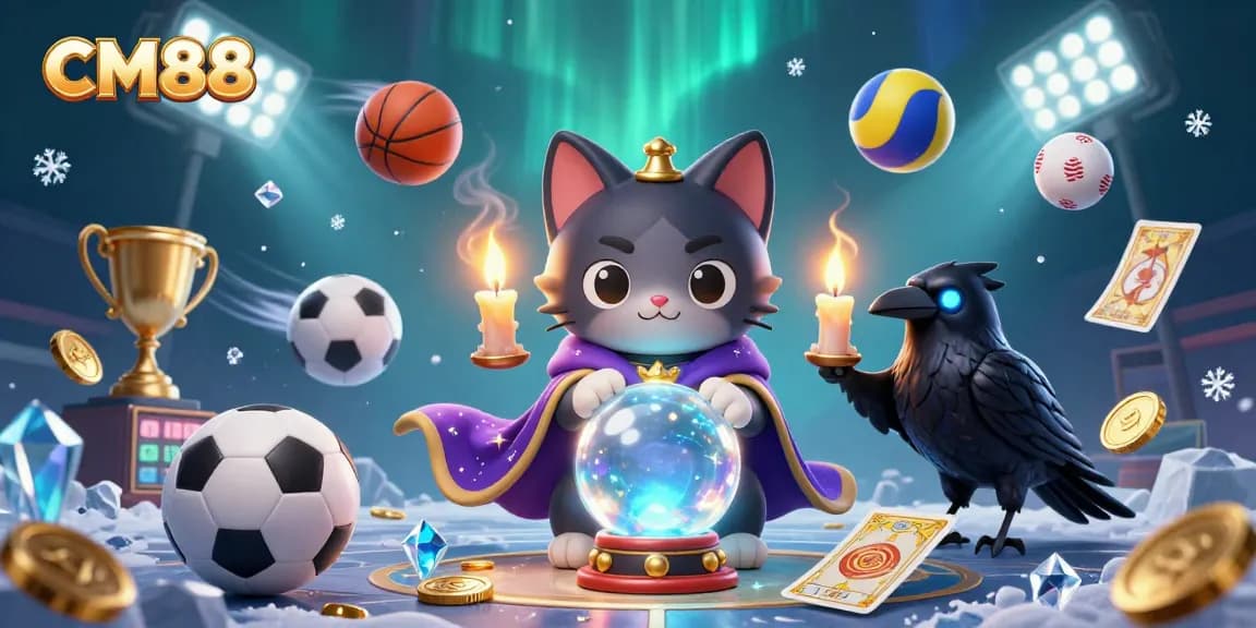 CM88 offers an interactive experience featuring a mystic cat and raven among dynamic sports betting elements.
