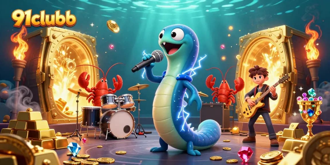 91clubb showcases a vibrant underwater casino scene with unique characters performing together.