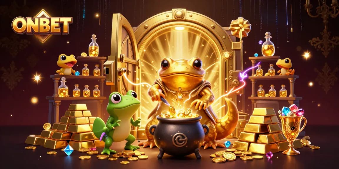 ONBET features a magical scene with alchemists and treasure, emphasizing thrilling gaming action.