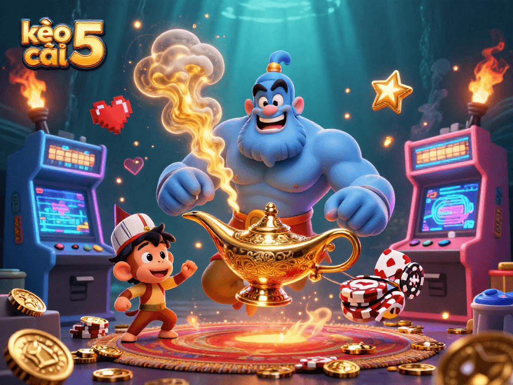 Experience the thrill with kèo nhà cái 5 as you engage with a colorful 3D casino-themed illustration.