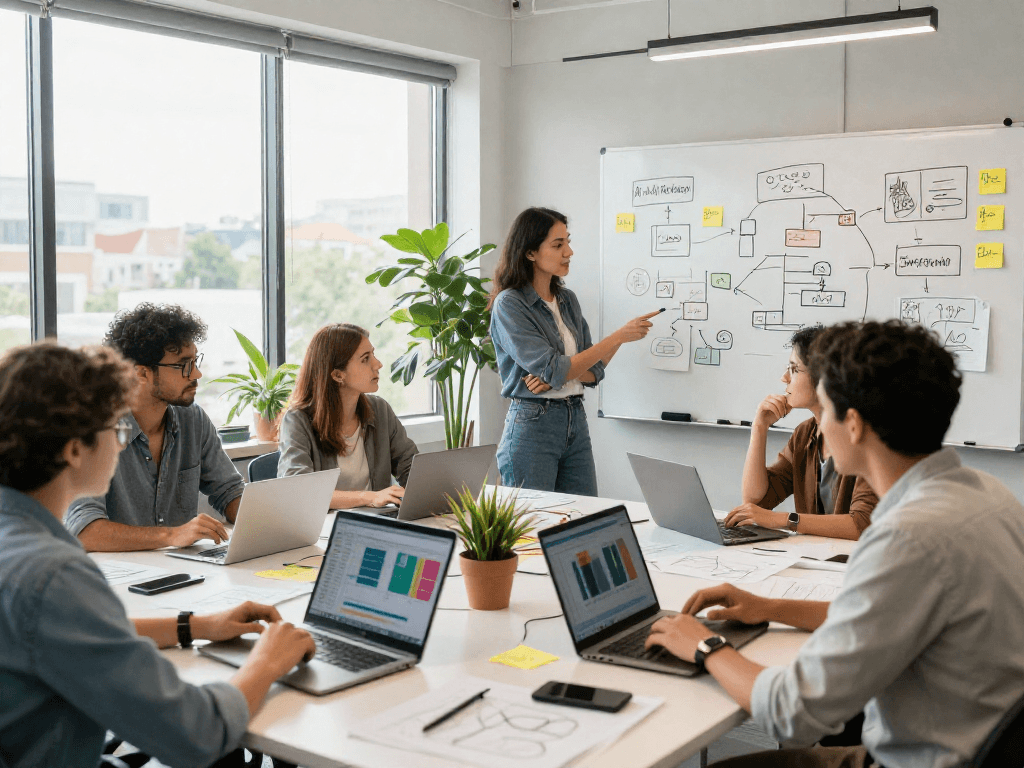 Profissionais colaborando em um ambiente multicanais moderno com laptops e anotações.