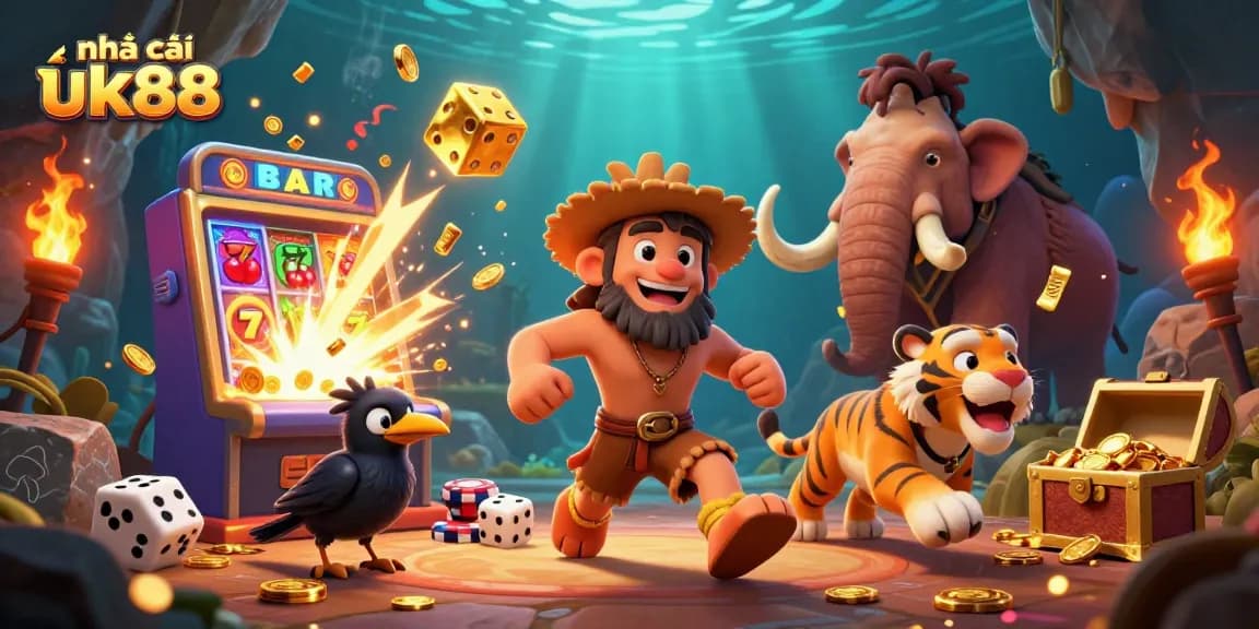 Witness the excitement at nhà cái uk88 with a vibrant 3D scene filled with slot machines and casino fun.
