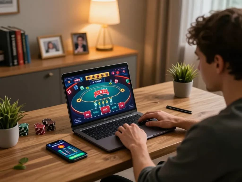 Engaging in online poker gaming on laptop while managing bankroll with Link RR99 app nearby