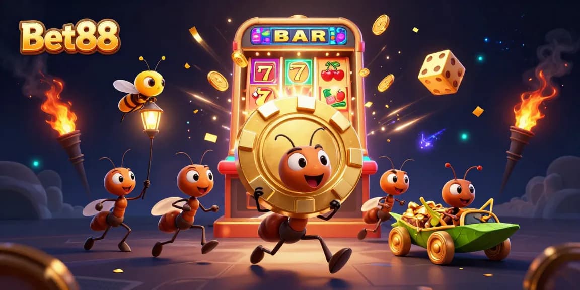 Experience thrilling gameplay at Bet88 with cartoon ants on a heist amid jackpot delights.