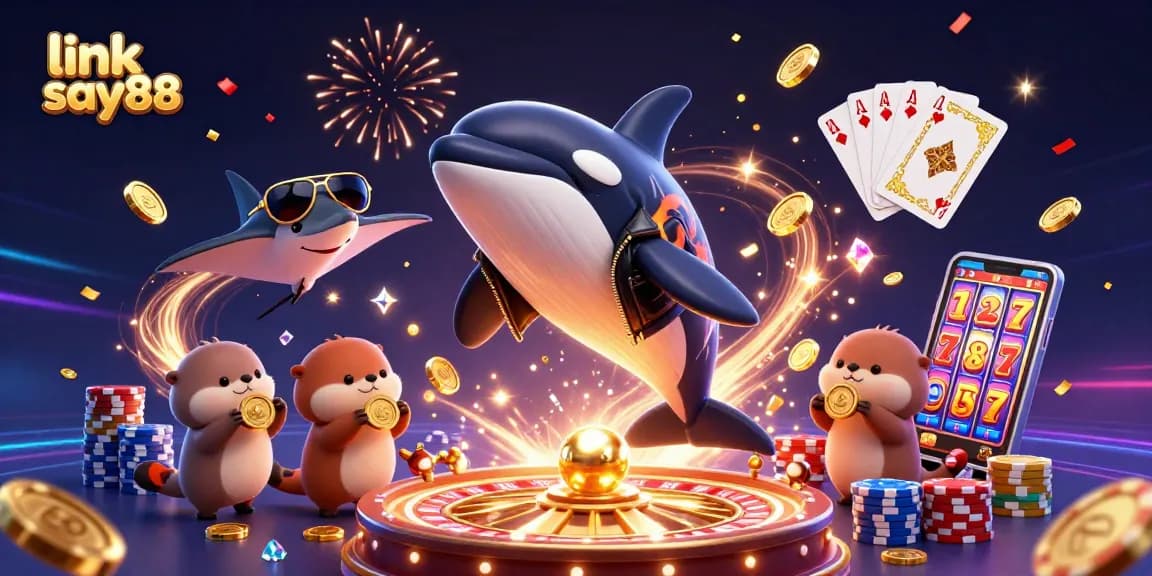 Win big with link say88 in this vibrant casino scene featuring dynamic characters and exciting game elements.