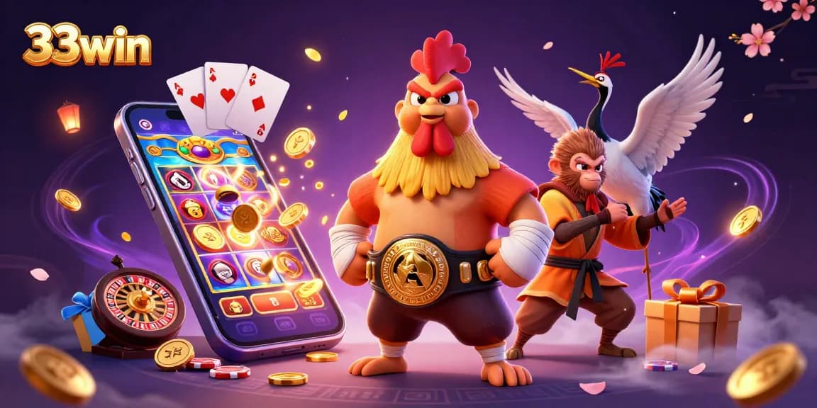 Engage with 33win's vibrant gaming scene featuring dynamic characters and casino elements.