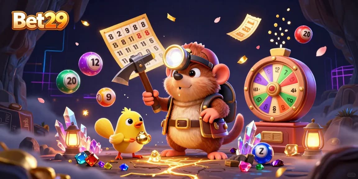 Bet29 casino illustration featuring a treasure hunter mole and colorful game elements for an engaging gaming experience.