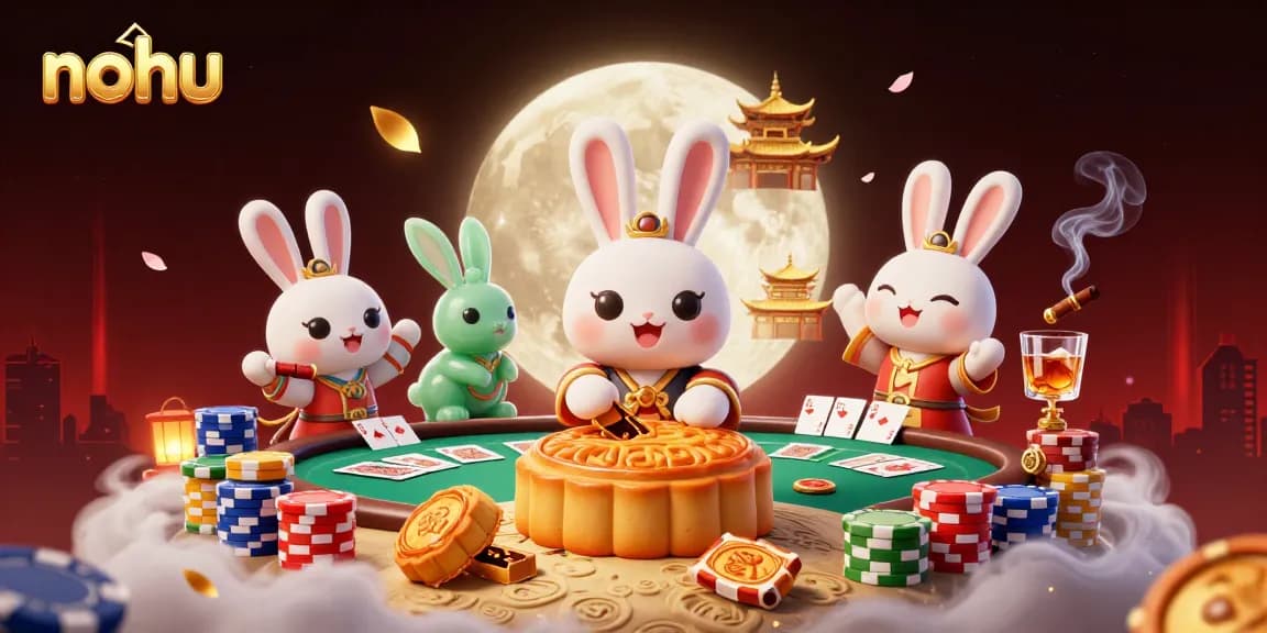 NoHu moon rabbit engaging players in a vivid casino scene filled with poker elements and vibrant colors.