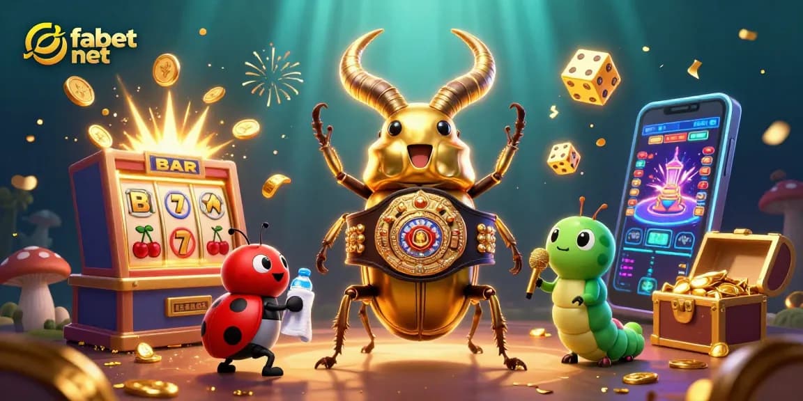 Join the action at fabet net with a golden stag beetle champion amidst casino symbols and treasure.