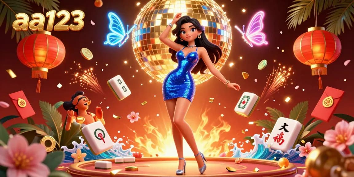 Experimente a emoção com aa123 em uma cena vibrante de cassino com uma dançarina glamourosa em meio a elementos festivos de jogo.