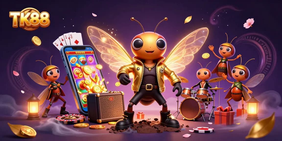 Spin to win at TK88's vibrant casino with a rock star cicada and lively game elements.