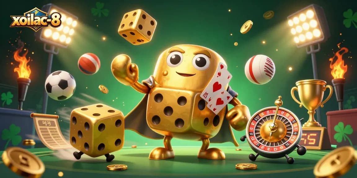 Experience the excitement of xoilac-8 as the golden dice golem juggles dynamic sports elements.