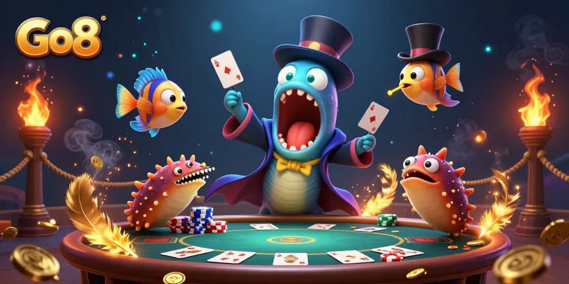 Go8 magician eel and anglerfish performing poker tricks in a vibrant casino scene.