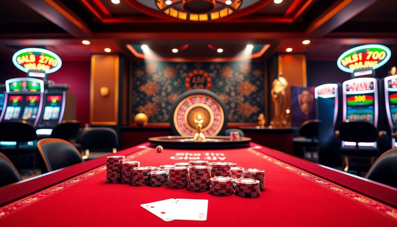 Experience the excitement of U888 with an elegant casino table featuring poker chips and vibrant slot machines.