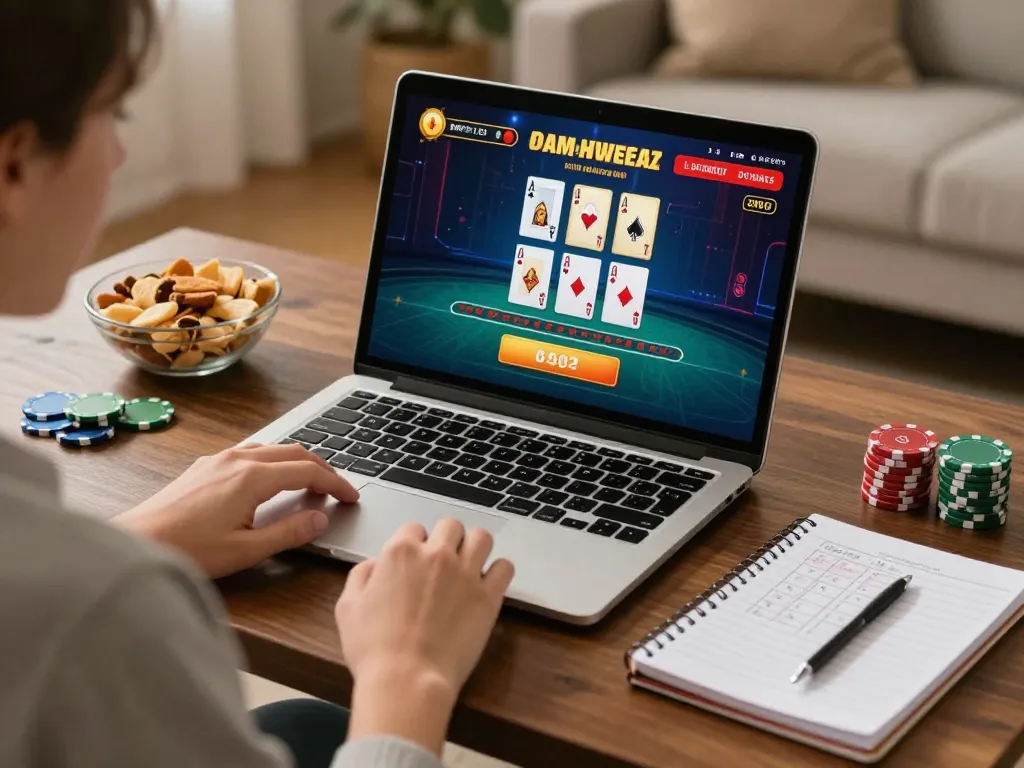 Experience engaging live dealer blackjack at home with 22ff on a laptop, snacks and strategy notes present.