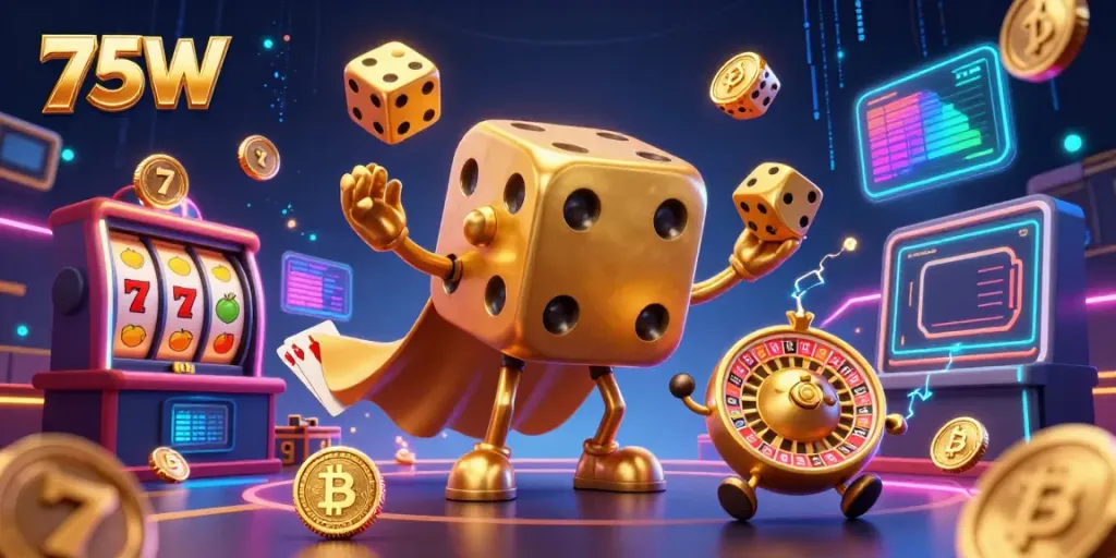 Engaging 3D cartoon depiction of 75W themed casino featuring a golden dice golem amidst vibrant gaming elements.