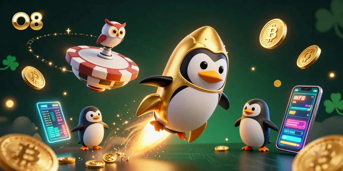 Join the exciting adventure at O8 with a golden penguin racing towards a casino chip in this dynamic gambling scene.