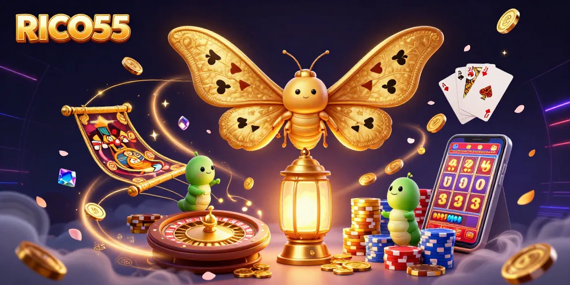 Experience gaming excitement with RICO55 and vibrant 3D casino elements creatively displayed.