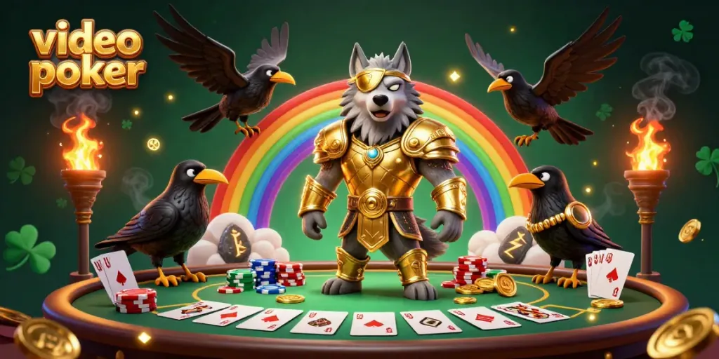 Engage in thrilling video poker action with mythical characters and casino elements surrounding them.