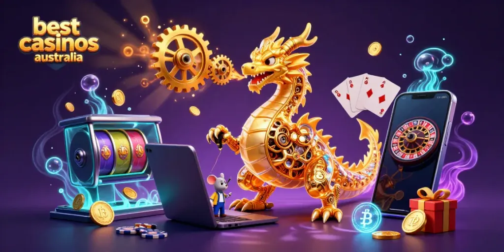 Experience the excitement at the best crypto casinos Australia with vibrant 3D visuals of gaming elements.