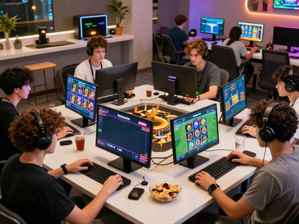 Nohuwin gaming community engaged around modern devices showcasing exciting slot games and casino visuals.
