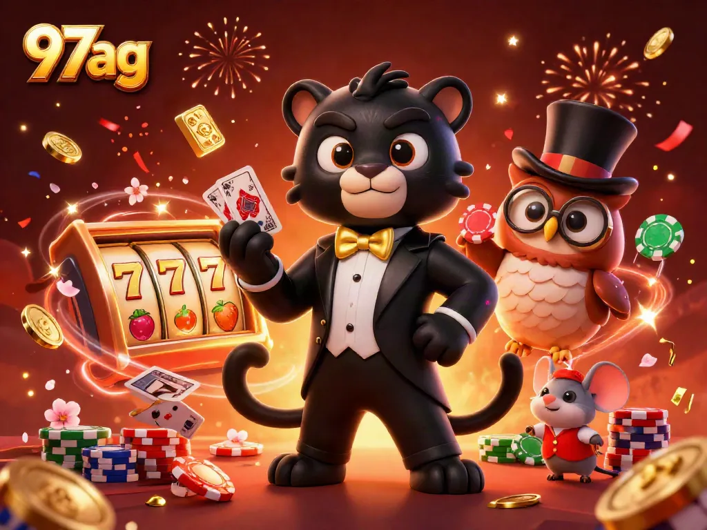 Experience the thrill of 97ag casino as a stylish black panther deals cards amidst vibrant gaming elements.