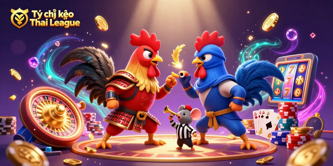 Engage with the thrilling Tỷ lệ kèo Thai League battle of roosters in samurai and ninja styles amidst cascading casino elements