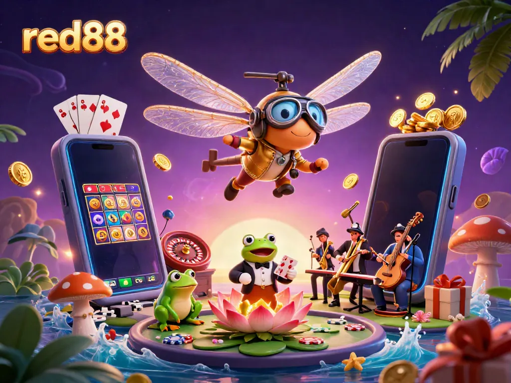 Experience vibrant gaming excitement at red88 with a dragonfly pilot, frog dealer, and jazz musicians.