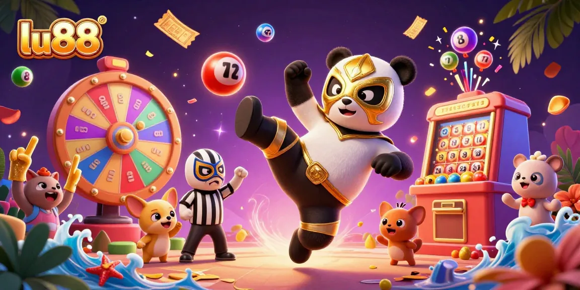 Experience thrilling gaming action at lu88 with a vibrant 3D scene showcasing a lucha libre panda and lively spectators.
