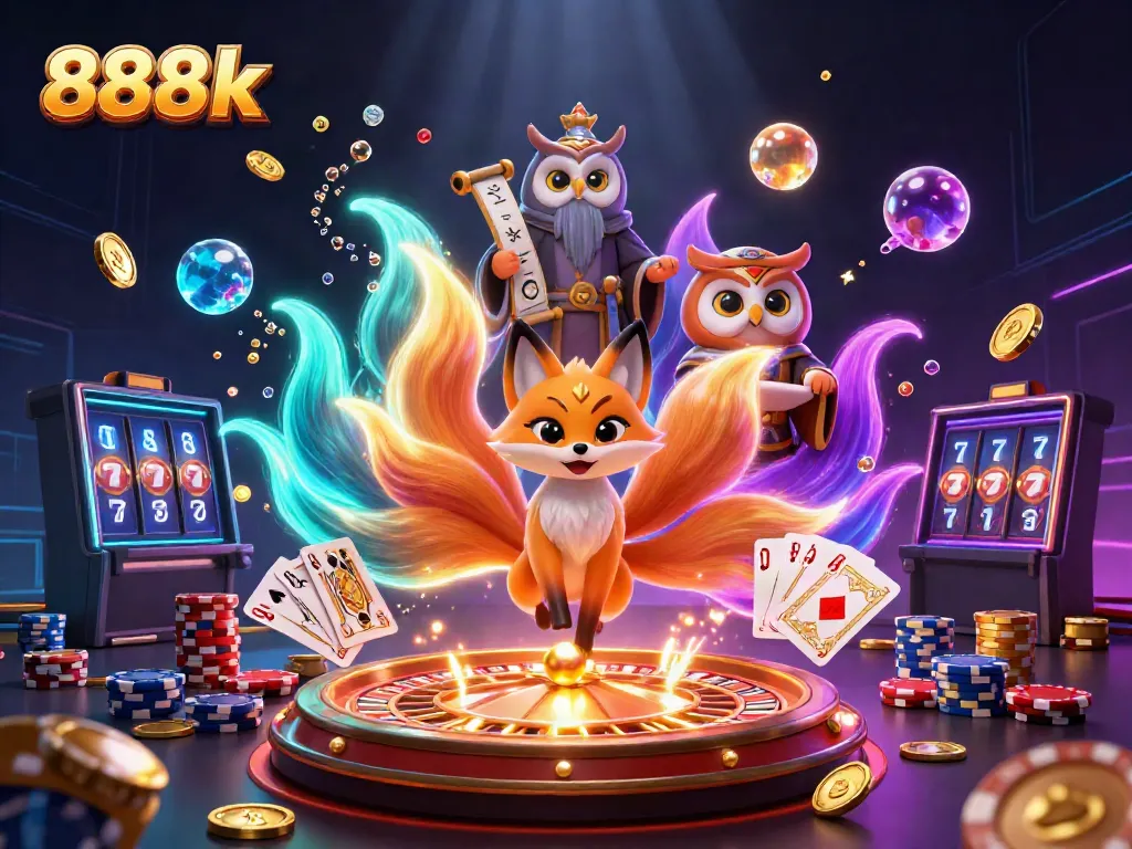 Experience thrilling gameplay at 888k with a vibrant scene of a nine-tailed fox and riches.